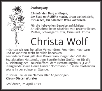 Traueranzeige von Christa Wolf von Trauerkombi Mansfelder Land