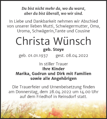 Traueranzeige von Christa Wünsch von Trauerkombi Köthen