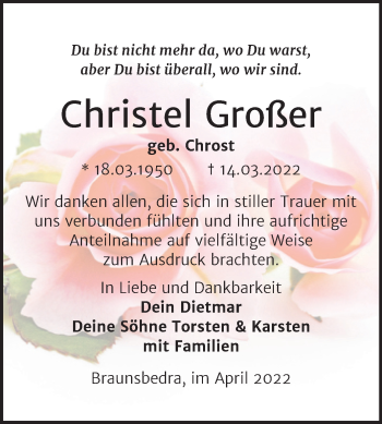 Traueranzeige von Christel Großer von Trauerkombi Merseburg