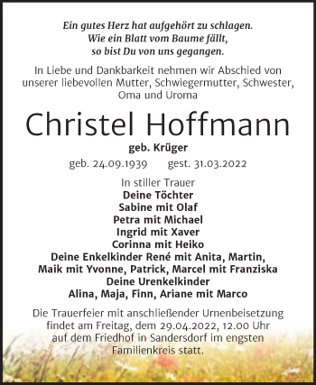 Traueranzeige von Christel Hoffmann von Trauerkombi Bitterfeld