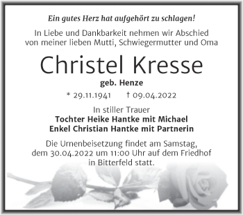 Traueranzeige von Christel Kresse von Trauerkombi Bitterfeld