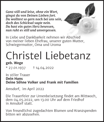 Traueranzeige von Christel Liebetanz von Trauerkombi Mansfelder Land