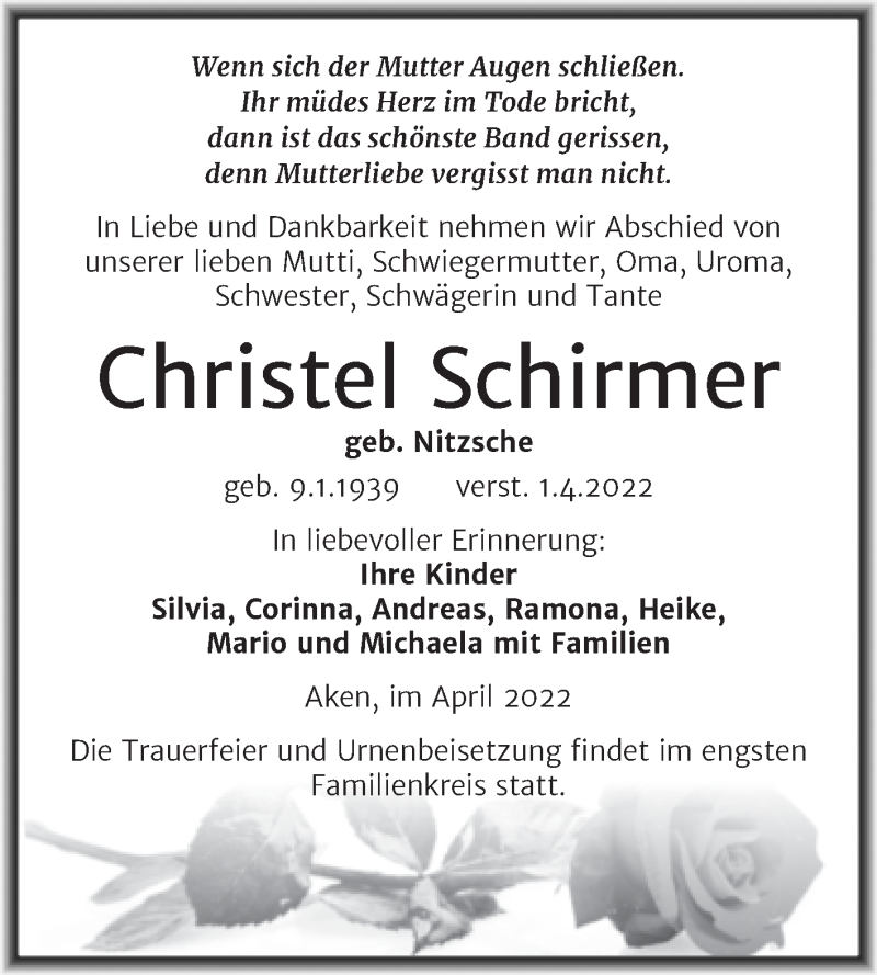 Traueranzeige für Christel Schirmer vom 06.04.2022 aus Trauerkombi Köthen