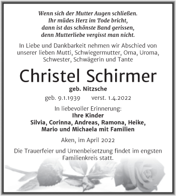 Traueranzeige von Christel Schirmer von Trauerkombi Köthen