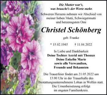 Traueranzeige von Christel Schönberg von Trauerkombi Bitterfeld