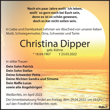 Traueranzeige von Christina Dipper von Trauerkombi Weißenfels