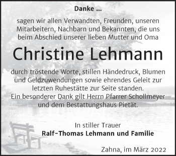 Traueranzeige von Christine Lehmann von Trauerkombi Wittenberg