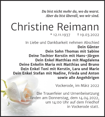 Traueranzeige von Christine Reimann von Trauerkombi Wittenberg