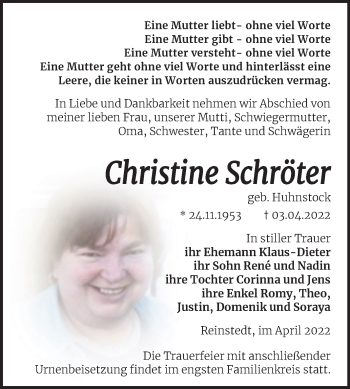 Traueranzeige von Christine Schröter von Trauerkombi Quedlinburg