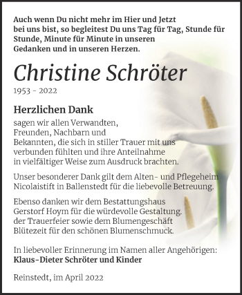 Traueranzeige von Christine Schröter von Trauerkombi Quedlinburg