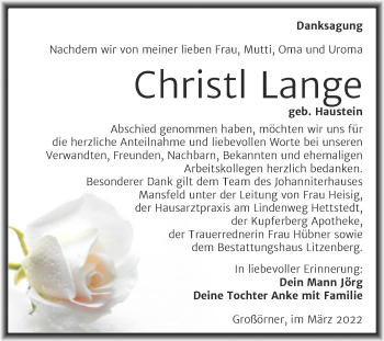 Traueranzeige von Christl Lange von Trauerkombi Mansfelder Land