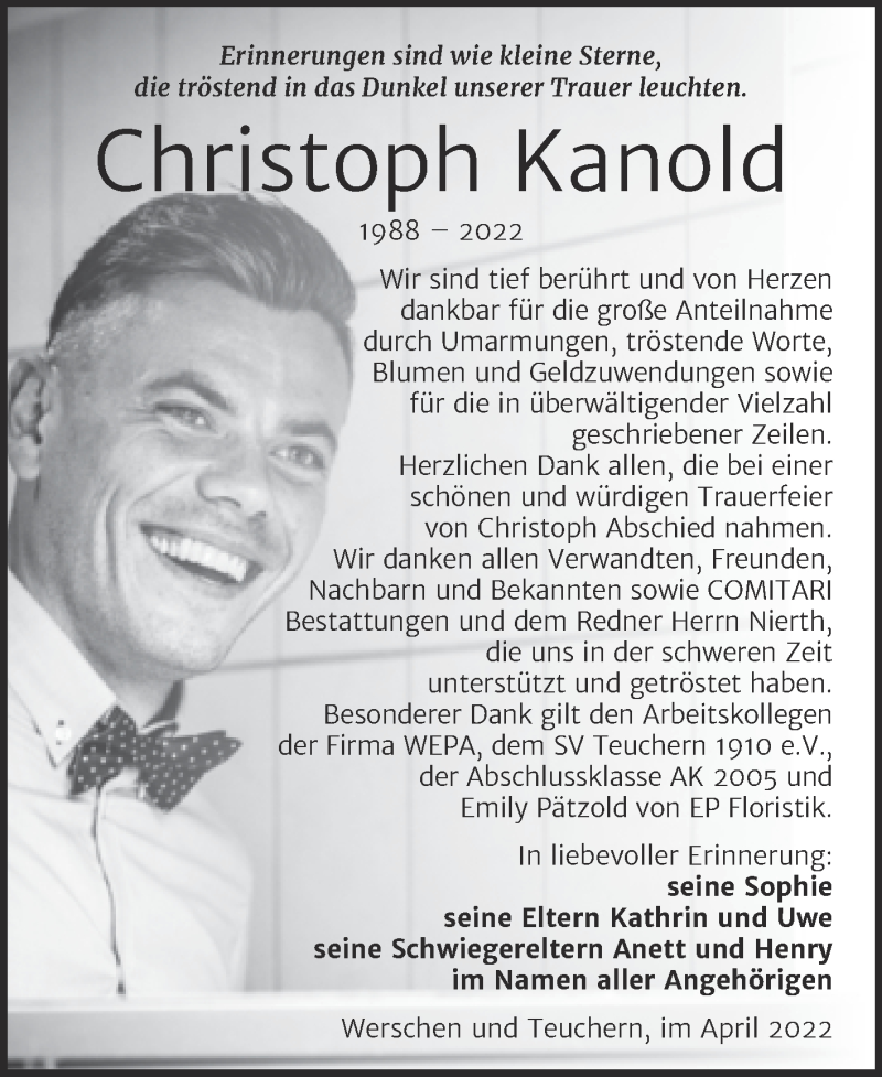  Traueranzeige für Christoph Kanold vom 20.04.2022 aus Wochenspiegel Weißenfels