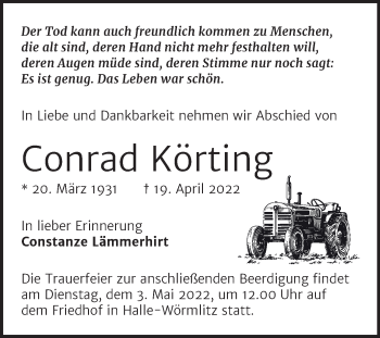 Traueranzeige von Conrad Körting von Mitteldeutsche Zeitung Halle/Saalkreis