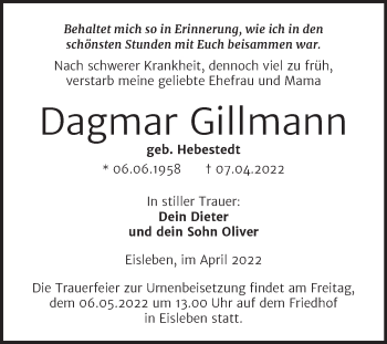 Traueranzeige von Dagmar Gillmann von Trauerkombi Mansfelder Land