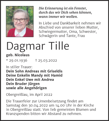 Traueranzeige von Dagmar Tille von Trauerkombi Weißenfels
