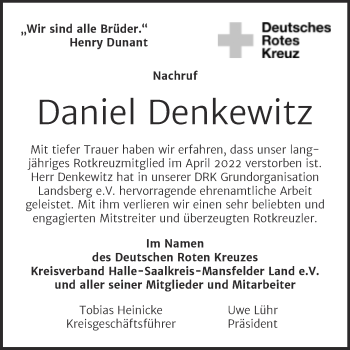 Traueranzeige von Daniel Denkewitz von Mitteldeutsche Zeitung Halle/Saalkreis