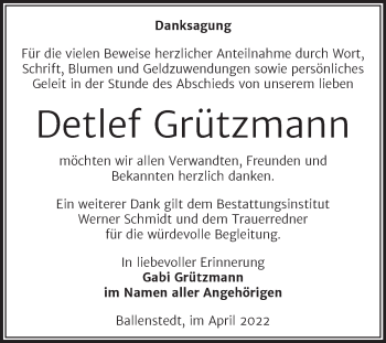 Traueranzeige von Detlef Grützmann von Trauerkombi Quedlinburg