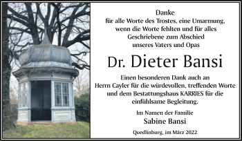 Traueranzeige von Dieter Bansi von Trauerkombi Quedlinburg