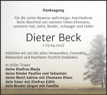 Traueranzeige von Dieter Beck von Trauerkombi Bernburg