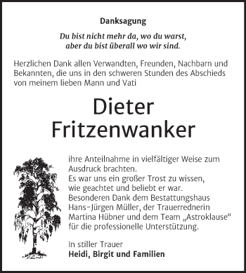 Traueranzeige von Dieter Fritzenwanker von Trauerkombi Aschersleben