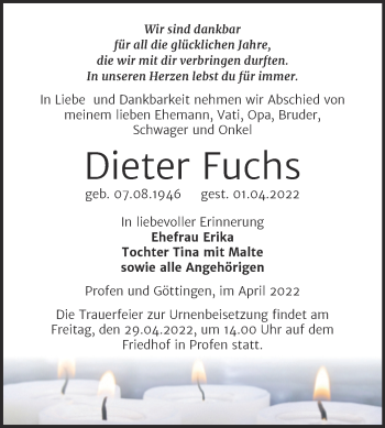 Traueranzeige von Dieter Fuchs von Trauerkombi Zeitz