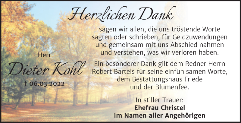  Traueranzeige für Dieter Kohl vom 09.04.2022 aus Trauerkombi Dessau