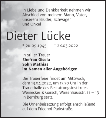 Traueranzeige von Dieter Lücke von Trauerkombi Bernburg