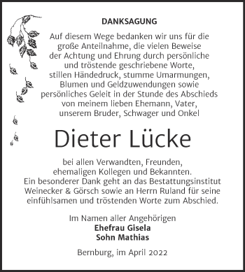 Traueranzeige von Dieter Lücke von Trauerkombi Bernburg