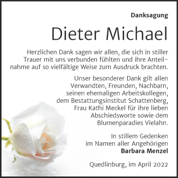Traueranzeige von Dieter Michael von Trauerkombi Quedlinburg