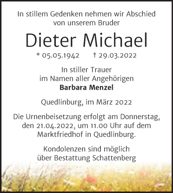 Traueranzeige von Dieter Michael von Trauerkombi Quedlinburg