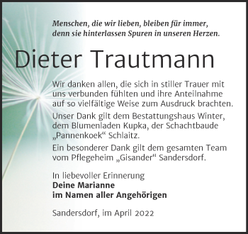 Traueranzeige von Dieter Trautmann von Trauerkombi Bitterfeld