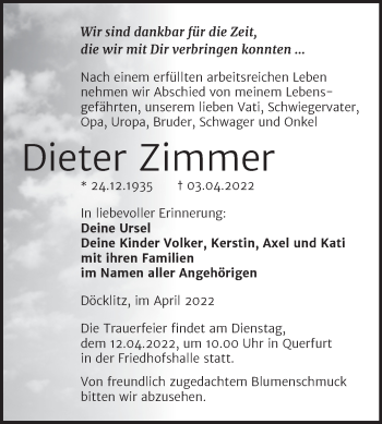 Traueranzeige von Dieter Zimmer von Trauerkombi Merseburg