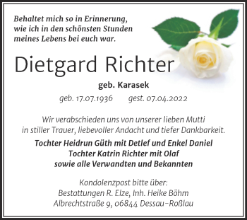 Traueranzeige von Dietgard Richter von Trauerkombi Dessau