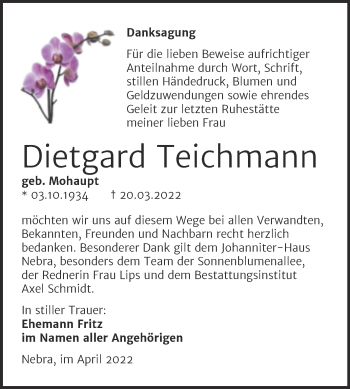 Traueranzeige von Dietgard Teichmann von Wochenspiegel Naumburg/Nebra