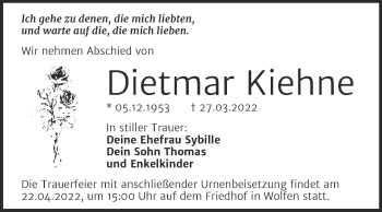 Traueranzeige von Dietmar Kiehne von Trauerkombi Bitterfeld