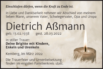 Traueranzeige von Dietrich Aßmann von Trauerkombi Wittenberg