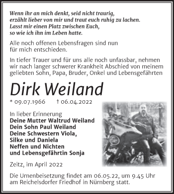 Traueranzeige von Dirk Weiland von Trauerkombi Zeitz