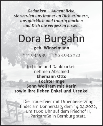 Traueranzeige von Dora Burgahn von Trauerkombi Bernburg