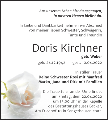 Traueranzeige von Doris Kirchner von Trauerkombi Sangerhausen