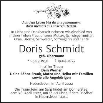 Traueranzeige von Doris Schmidt von Trauerkombi Quedlinburg