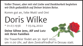 Traueranzeige von Doris Wilke von Trauerkombi Dessau