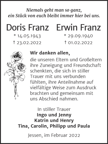 Traueranzeige von Doris und Erwin Franz von Trauerkombi Wittenberg