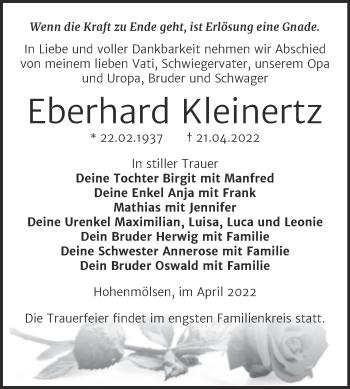 Traueranzeige von Eberhard Kleinertz von Trauerkombi Weißenfels