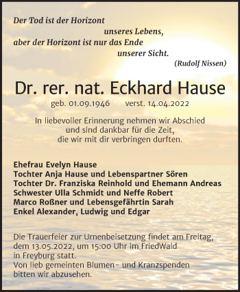 Traueranzeige von Eckhard Hause von Trauerkombi Weißenfels