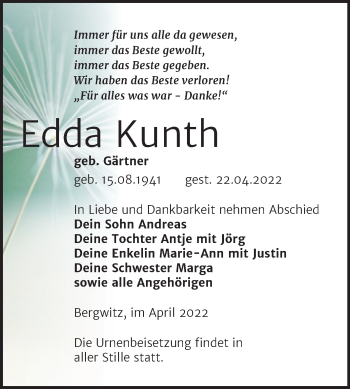 Traueranzeige von Edda Kunth von Trauerkombi Wittenberg
