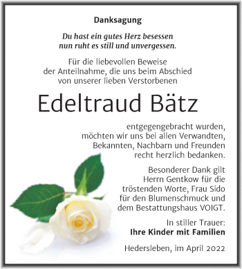 Traueranzeige von Edeltraud Bätz von Trauerkombi Mansfelder Land