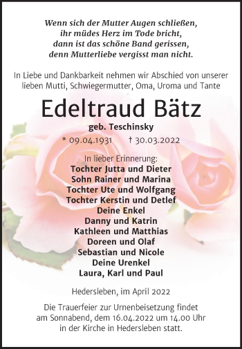 Traueranzeige von Edeltraud Bätz von Trauerkombi Mansfelder Land