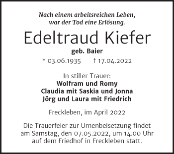 Traueranzeige von Edeltraud Kiefer von Trauerkombi Aschersleben