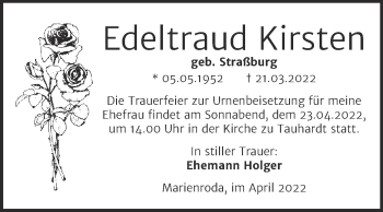 Traueranzeige von Edeltraud Kirsten von Naumburger Tageblatt