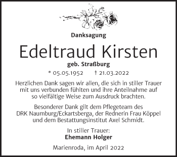 Traueranzeige von Edeltraud Kirsten von Naumburger Tageblatt